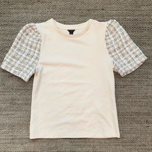 Ann Taylor Cream and Gray Tweed Puff Sleeve Tee XSP